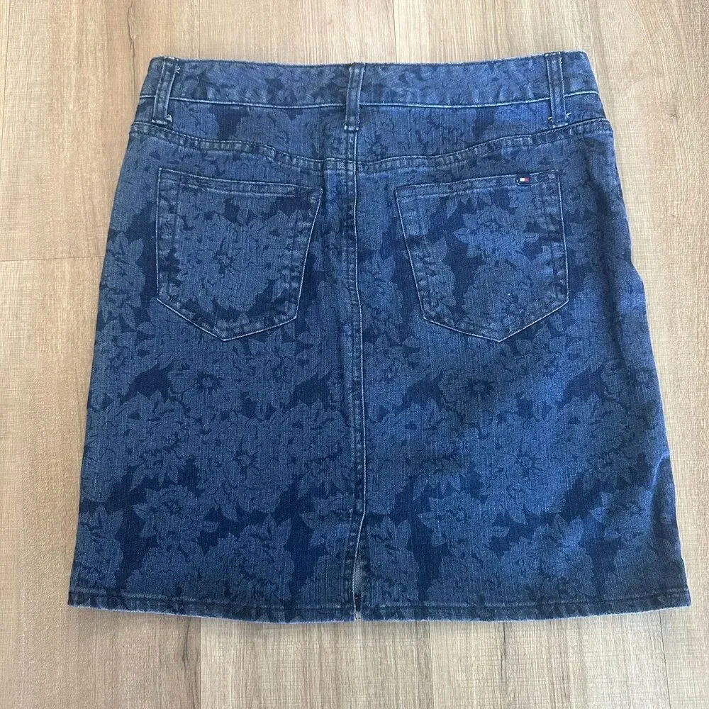 Y2K 'Tommy Hilfiger' Denim Floral Design Print Midi Skirt Womens Size 4